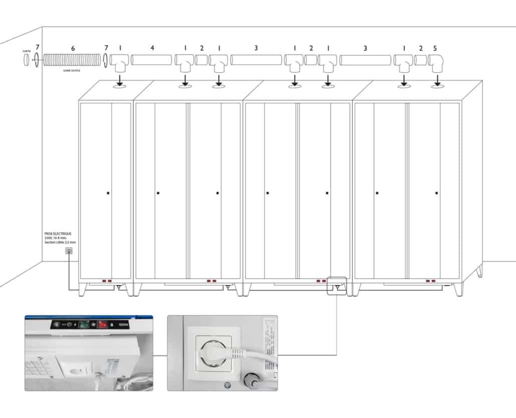 Plan d'assemblage des tubes PVC et Raccordement électrique du vestiaire LVS-PERFORMANCE